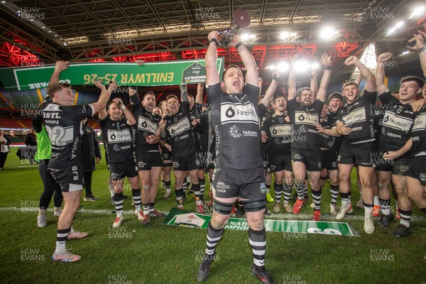 120426 - Bedwas v Bridgend Athletic - Mens Championship Cup Final - Dale Rogers lifts the trophy with team mates
