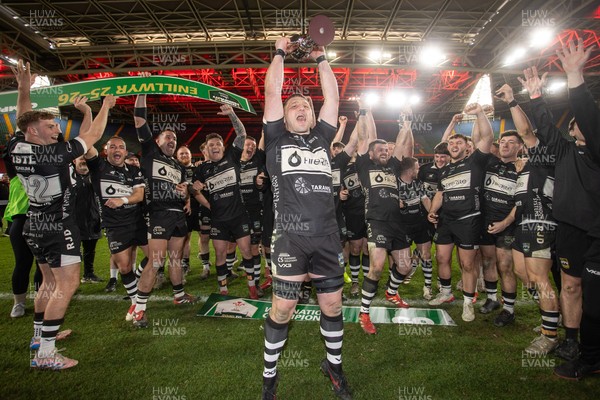 120426 - Bedwas v Bridgend Athletic - Mens Championship Cup Final - Dale Rogers lifts the trophy with team mates