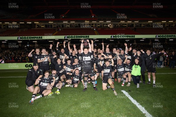 120426 - Bedwas v Bridgend Athletic - Mens Championship Cup Final - Dale Rogers lifts the trophy with team mates