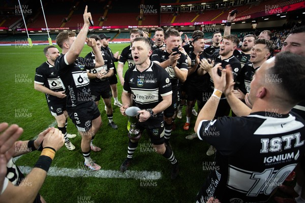 120426 - Bedwas v Bridgend Athletic - Mens Championship Cup Final - Dale Rogers lifts the trophy with team mates