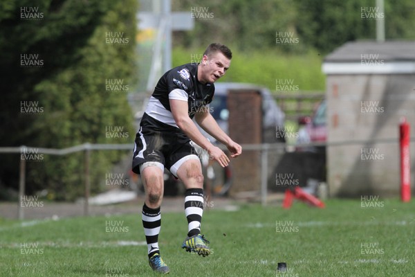 270413 - Bedwas v Llandovery - Welsh Premiership - Ethan Davies kicks at goal for Bedwas 