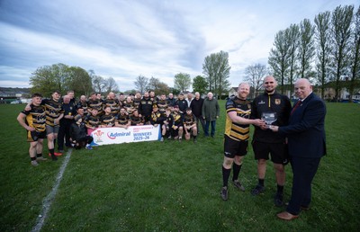220426 Bedwellty v Deri, Admiral National League 4 East - Deri co-captains Jonathan Morgan and Scott Kerby receive the League 4 East Trophy from Roy Wilkinson, WRU National Council Member