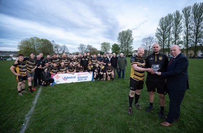 220426 Bedwellty v Deri, Admiral National League 4 East - Deri co-captains Jonathan Morgan and Scott Kerby receive the League 4 East Trophy from Roy Wilkinson, WRU National Council Member