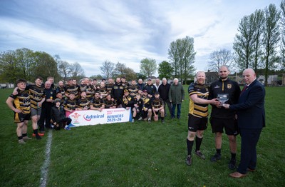 220426 Bedwellty v Deri, Admiral National League 4 East - Deri co-captains Jonathan Morgan and Scott Kerby receive the League 4 East Trophy from Roy Wilkinson, WRU National Council Member