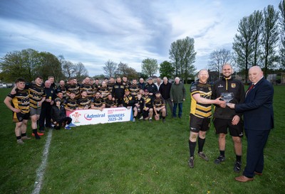 220426 Bedwellty v Deri, Admiral National League 4 East - Deri co-captains Jonathan Morgan and Scott Kerby receive the League 4 East Trophy from Roy Wilkinson, WRU National Council Member