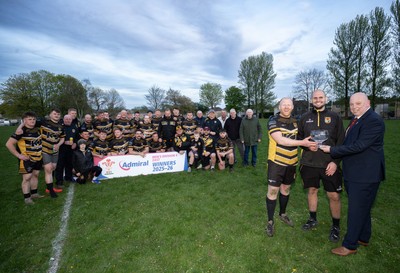 220426 Bedwellty v Deri, Admiral National League 4 East - Deri co-captains Jonathan Morgan and Scott Kerby receive the League 4 East Trophy from Roy Wilkinson, WRU National Council Member