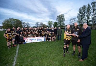 220426 Bedwellty v Deri, Admiral National League 4 East - Deri co-captains Jonathan Morgan and Scott Kerby receive the League 4 East Trophy from Roy Wilkinson, WRU National Council Member