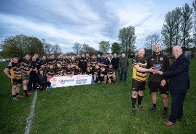 220426 Bedwellty v Deri, Admiral National League 4 East - Deri co-captains Jonathan Morgan and Scott Kerby receive the League 4 East Trophy from Roy Wilkinson, WRU National Council Member