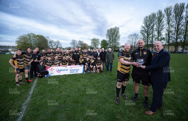 220426 Bedwellty v Deri, Admiral National League 4 East - Deri co-captains Jonathan Morgan and Scott Kerby receive the League 4 East Trophy from Roy Wilkinson, WRU National Council Member