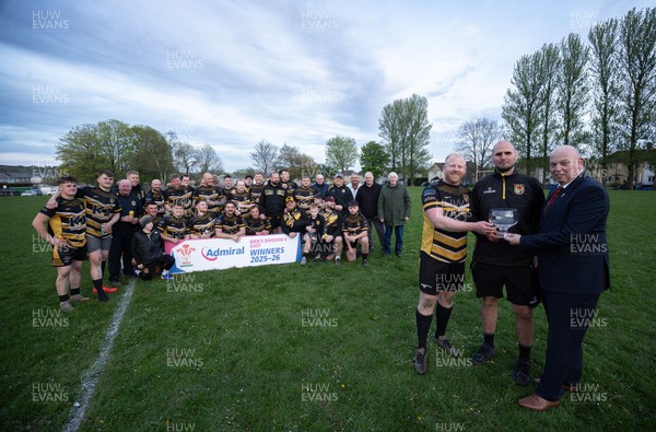 220426 Bedwellty v Deri, Admiral National League 4 East - Deri co-captains Jonathan Morgan and Scott Kerby receive the League 4 East Trophy from Roy Wilkinson, WRU National Council Member