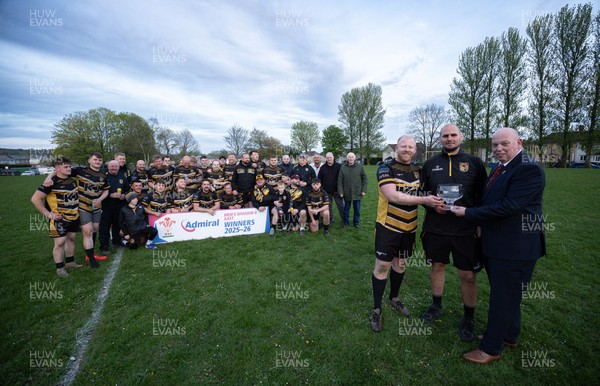 220426 Bedwellty v Deri, Admiral National League 4 East - Deri co-captains Jonathan Morgan and Scott Kerby receive the League 4 East Trophy from Roy Wilkinson, WRU National Council Member