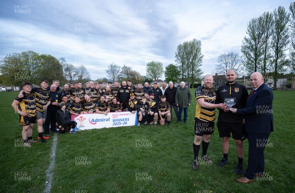 220426 Bedwellty v Deri, Admiral National League 4 East - Deri co-captains Jonathan Morgan and Scott Kerby receive the League 4 East Trophy from Roy Wilkinson, WRU National Council Member