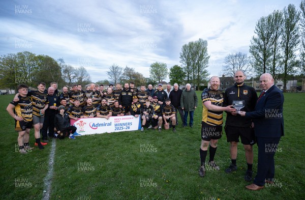 220426 Bedwellty v Deri, Admiral National League 4 East - Deri co-captains Jonathan Morgan and Scott Kerby receive the League 4 East Trophy from Roy Wilkinson, WRU National Council Member