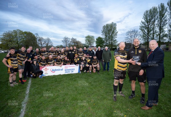 220426 Bedwellty v Deri, Admiral National League 4 East - Deri co-captains Jonathan Morgan and Scott Kerby receive the League 4 East Trophy from Roy Wilkinson, WRU National Council Member