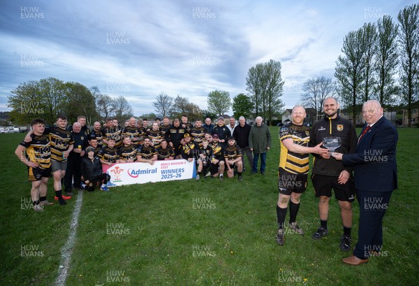 220426 Bedwellty v Deri, Admiral National League 4 East - Deri co-captains Jonathan Morgan and Scott Kerby receive the League 4 East Trophy from Roy Wilkinson, WRU National Council Member