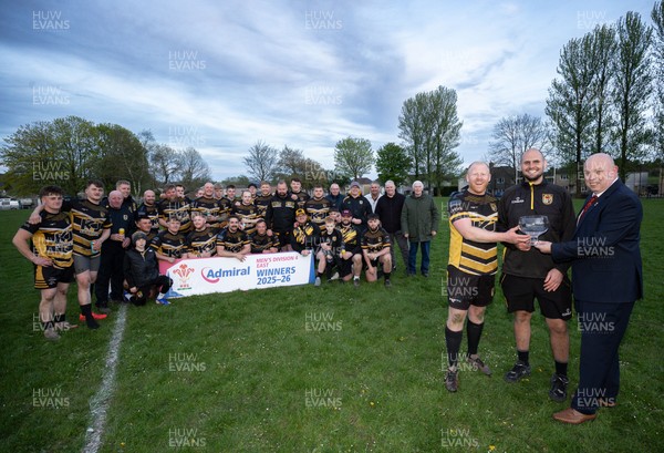 220426 Bedwellty v Deri, Admiral National League 4 East - Deri co-captains Jonathan Morgan and Scott Kerby receive the League 4 East Trophy from Roy Wilkinson, WRU National Council Member