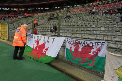 161114 - Belgium v Wales - European Championship Qualifier - Fans set up their flags at the stadium