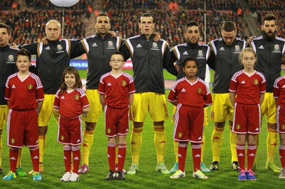 161114 - Belgium v Wales - European Championship Qualifier - Gareth Bale of Wales lines up with fellow team mates before the game