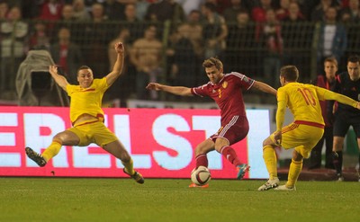 161114 - Belgium v Wales - European Championship Qualifier - Nicolas Lombaerts of Belgium shot at goal hits the post