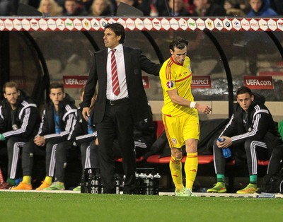 161114 - Belgium v Wales - European Championship Qualifier - Chris Coleman and Gareth Bale of Wales 
