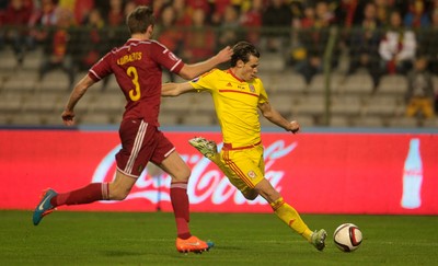 161114 - Belgium v Wales - European Championship Qualifier - Gareth Bale of Wales shots a goal