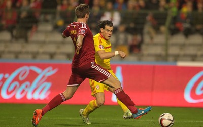 161114 - Belgium v Wales - European Championship Qualifier - Gareth Bale of Wales shots a goal