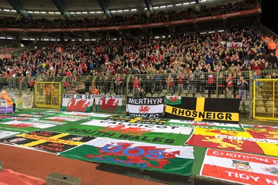 161114 - Belgium v Wales - European Championship Qualifier - Welsh flags line the stadium floor