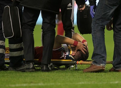 161114 - Belgium v Wales - European Championship Qualifier - Dries Mertens of Belgium goes down injured after colliding with Chris Gunter of Wales 