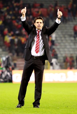 161114 - Belgium v Wales - European Championship Qualifier - Manager Chris Coleman thanks the fans