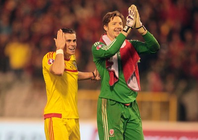 161114 - Belgium v Wales - European Championship Qualifier - Gareth Bale and Wayne Hennessey of Wales 