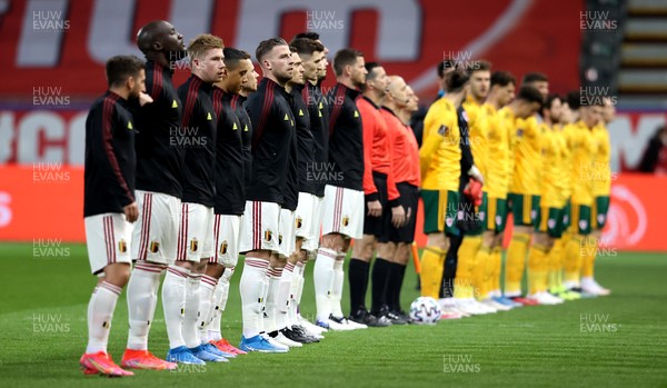 240321 - Belgium v Wales - FIFA World Cup Qualifier - Wales and Belgium players during the anthems