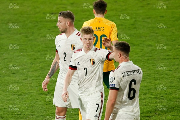 240321 - Belgium v Wales - FIFA World Cup Qualifier - Kevin De Bruyne of Belgium celebrates scoring goal with Leander Dendoncker