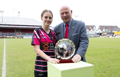 020526 - Belles v Chargers, U18s Girls Plate Final - Nelson Belles captain Angharad Thomas receives the trophy from WRU President Terry Cobner