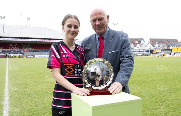 020526 - Belles v Chargers, U18s Girls Plate Final - Nelson Belles captain Angharad Thomas receives the trophy from WRU President Terry Cobner