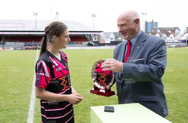 020526 - Belles v Chargers, U18s Girls Plate Final - Nelson Belles captain Angharad Thomas receives the trophy from WRU President Terry Cobner