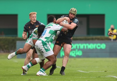 210326 - Benetton Rugby v Ospreys - United Rugby Championship - Harri Deaves of Ospreys is tackled