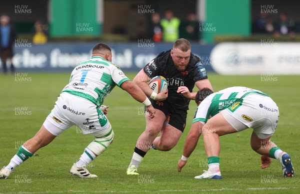 210326 - Benetton Rugby v Ospreys - United Rugby Championship - Steffan Thomas of Ospreys takes on Thomas Gallo of Benetton (L)