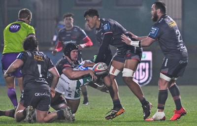 300126 - Benetton Rugby v Scarlets, United Rugby Championship - Jac Price of Scarlets makes the ball available for Sam Lousi of Scarlets and Marnus van der Merwe of Scarlets