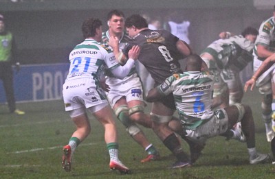 300126 - Benetton Rugby v Scarlets, United Rugby Championship - Fletcher Anderson of Scarlets is tackled by Alessandro Izekor of Benetton Rugby