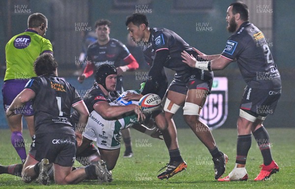 300126 - Benetton Rugby v Scarlets, United Rugby Championship - Jac Price of Scarlets makes the ball available for Sam Lousi of Scarlets and Marnus van der Merwe of Scarlets