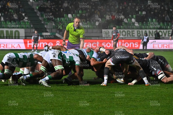 300126 - Benetton Rugby v Scarlets, United Rugby Championship - Benetton and Scarlets scrummage against each other