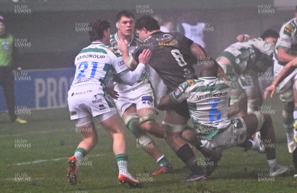 300126 - Benetton Rugby v Scarlets, United Rugby Championship - Fletcher Anderson of Scarlets is tackled by Alessandro Izekor of Benetton Rugby