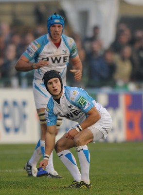 19.11.11 - Benetton Treviso v Ospreys - Heineken Cup - Matthew Morgan of Ospreys watches his penalty kick go over the posts to draw the game. 