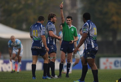 19.11.11 - Benetton Treviso v Ospreys - Heineken Cup - Tommaso Benvenuti (13) of Benetton Treviso is shown a yellow card for a tackle on Shane Williams of Ospreys. 