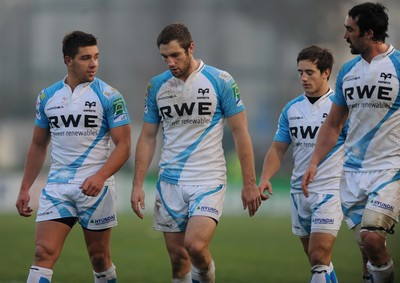 19.11.11 - Benetton Treviso v Ospreys - Heineken Cup - Rhys Webb, Andrew Bishop and Jonathan Thomas of Ospreys look dejected at the end of the game. 