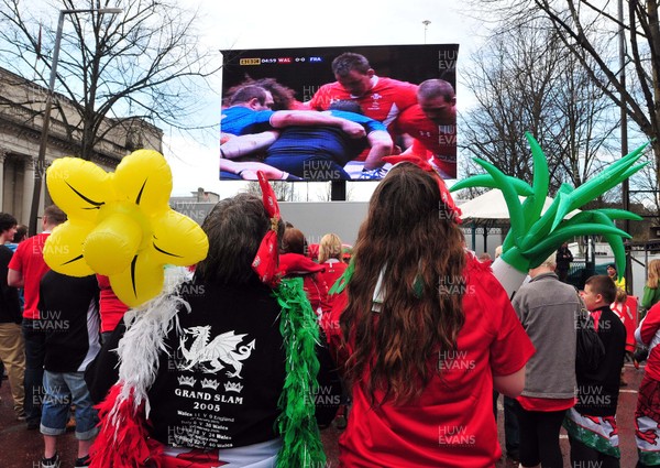 170312- Big Screen Wales v FranceWales fans watch the match on a Big Screen in Cardiff  Civic Centre