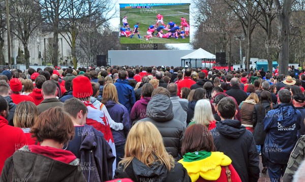 170312- Big Screen Wales v FranceWales fans watch the match on a Big Screen in Cardiff  Civic Centre