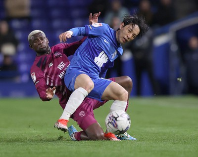 100424 - Birmingham City v Cardiff City - Sky Bet Championship - Jamilu Collins of Cardiff and Koji Miyoshi of Birmingham City 