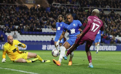 100424 - Birmingham City v Cardiff City - Sky Bet Championship - shot by Jamilu Collins of Cardiff and save by Goalkeeper John Ruddy of Birmingham City