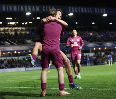 100424 - Birmingham City v Cardiff City - Sky Bet Championship - Josh Bowler of Cardiff celebrates scoring the 1st goal of the match with Rubin Colwill of Cardiff